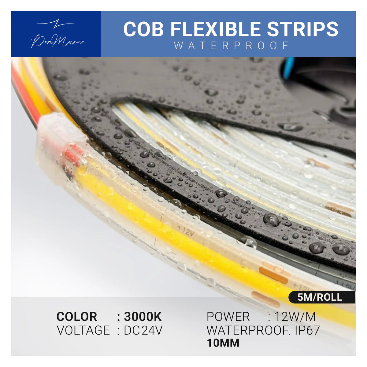 Waterproof COB LED Strip Light – 12W/m – 5M Roll – 10mm Width – IP67