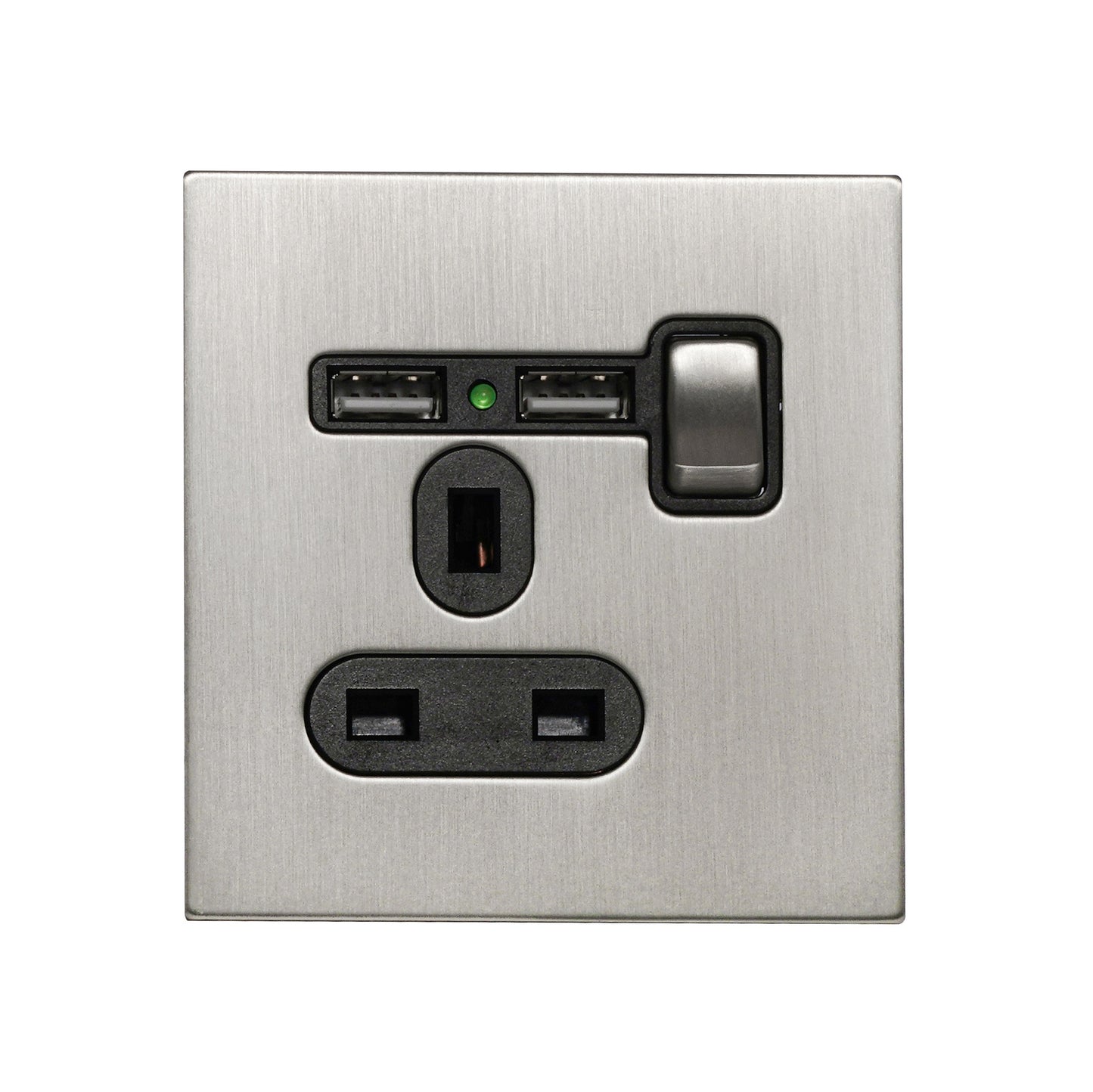 Single UK Socket 13A – On/Off + 2USB – Stainless Steel