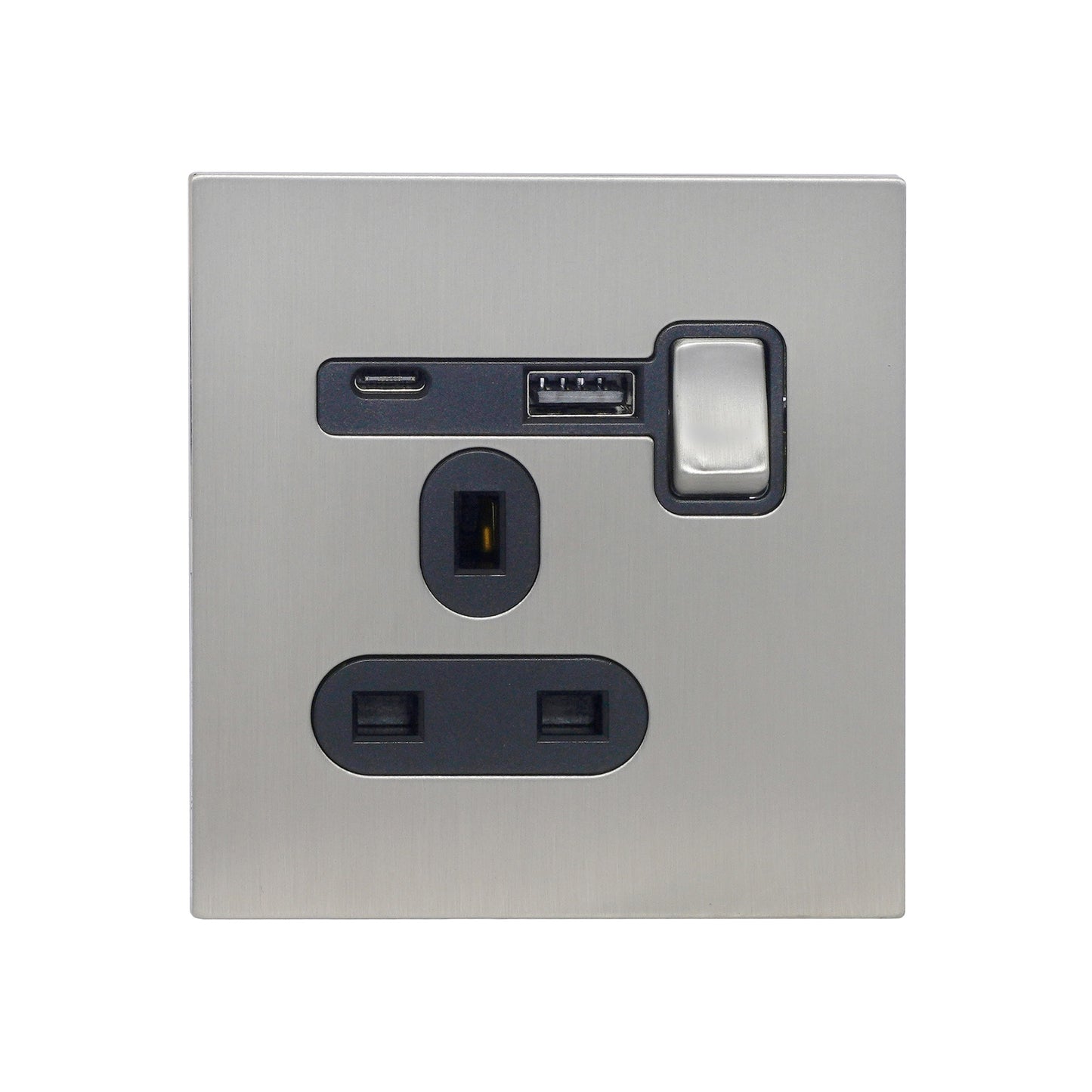 Single UK Socket 13A – On/Off + USB + Type-C – Stainless Steel