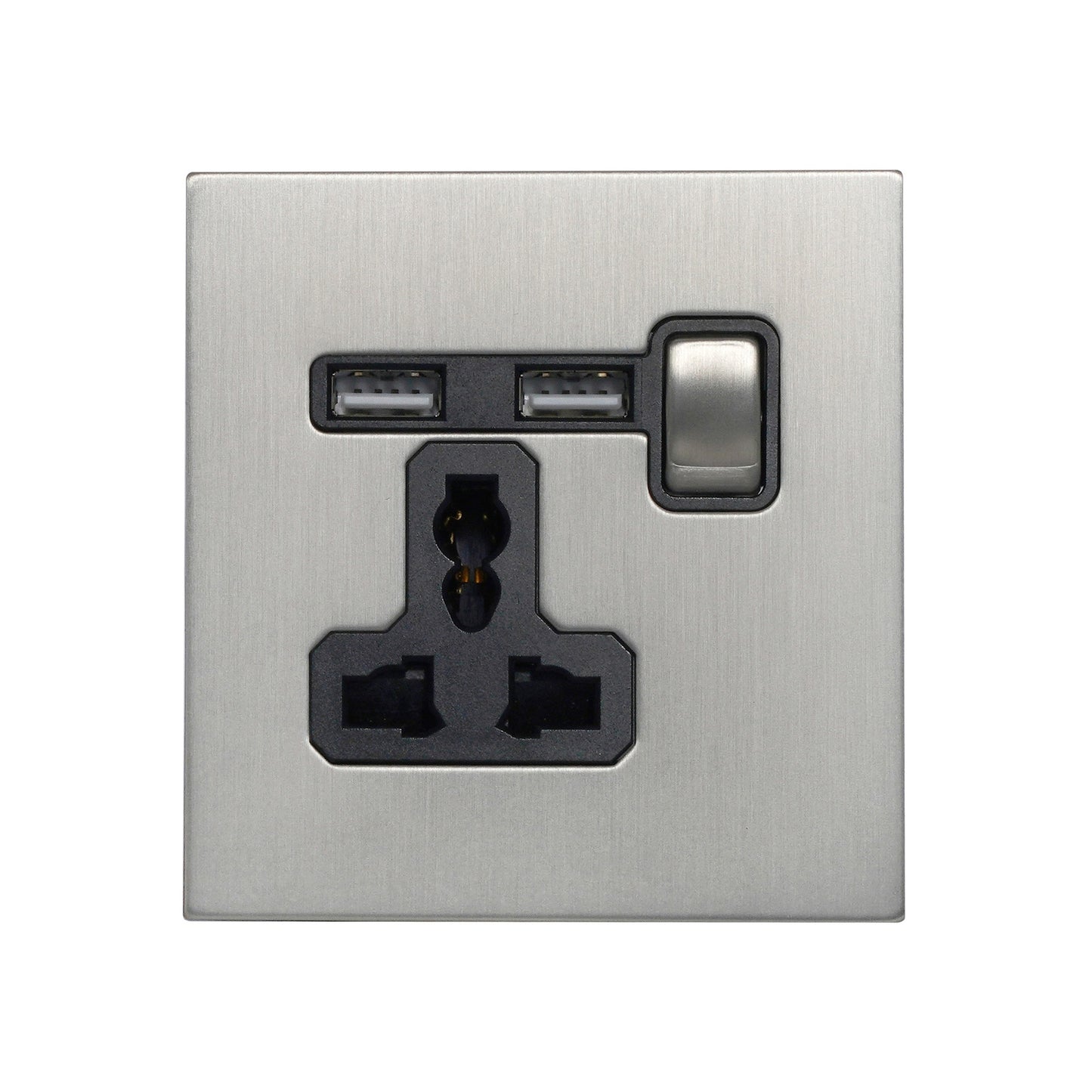 Single MF Socket 13A – On/Off + 2USB – Stainless Steel