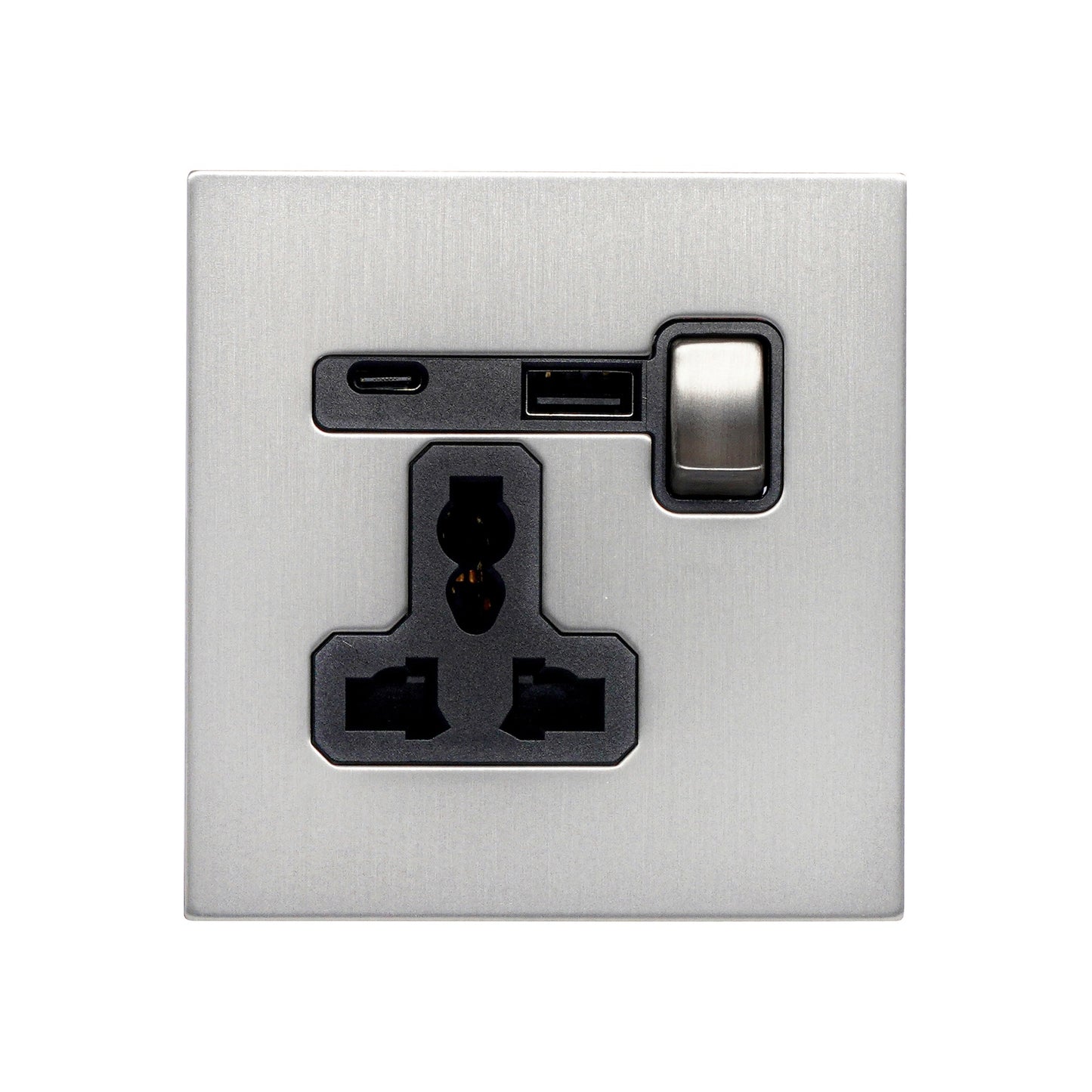 Single MF Socket 13A – On/Off + USB + Type-C – Stainless Steel