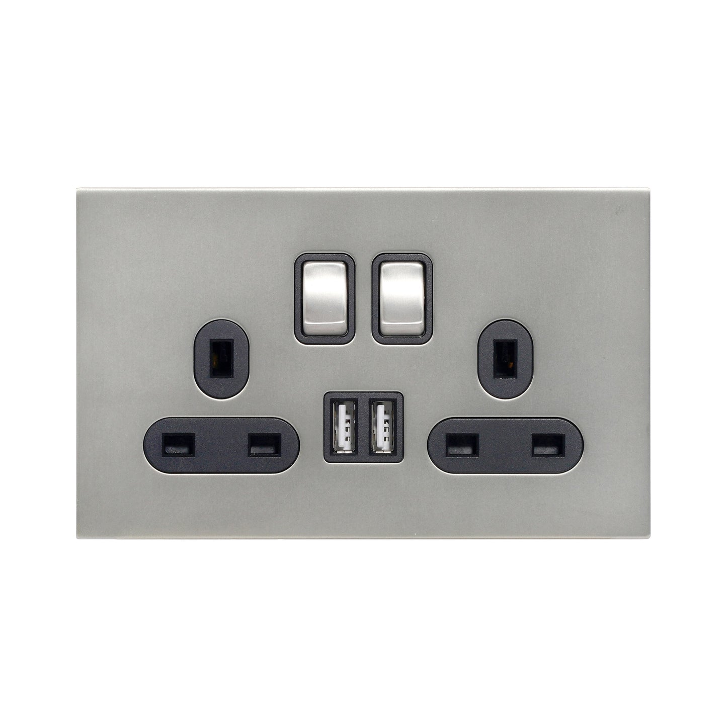 Double UK Socket 13A – On/Off + 2USB – Stainless Steel