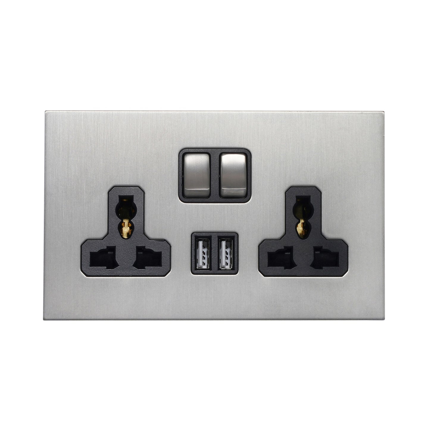 Double MF Socket 13A – On/Off + 2 USB – Stainless Steel