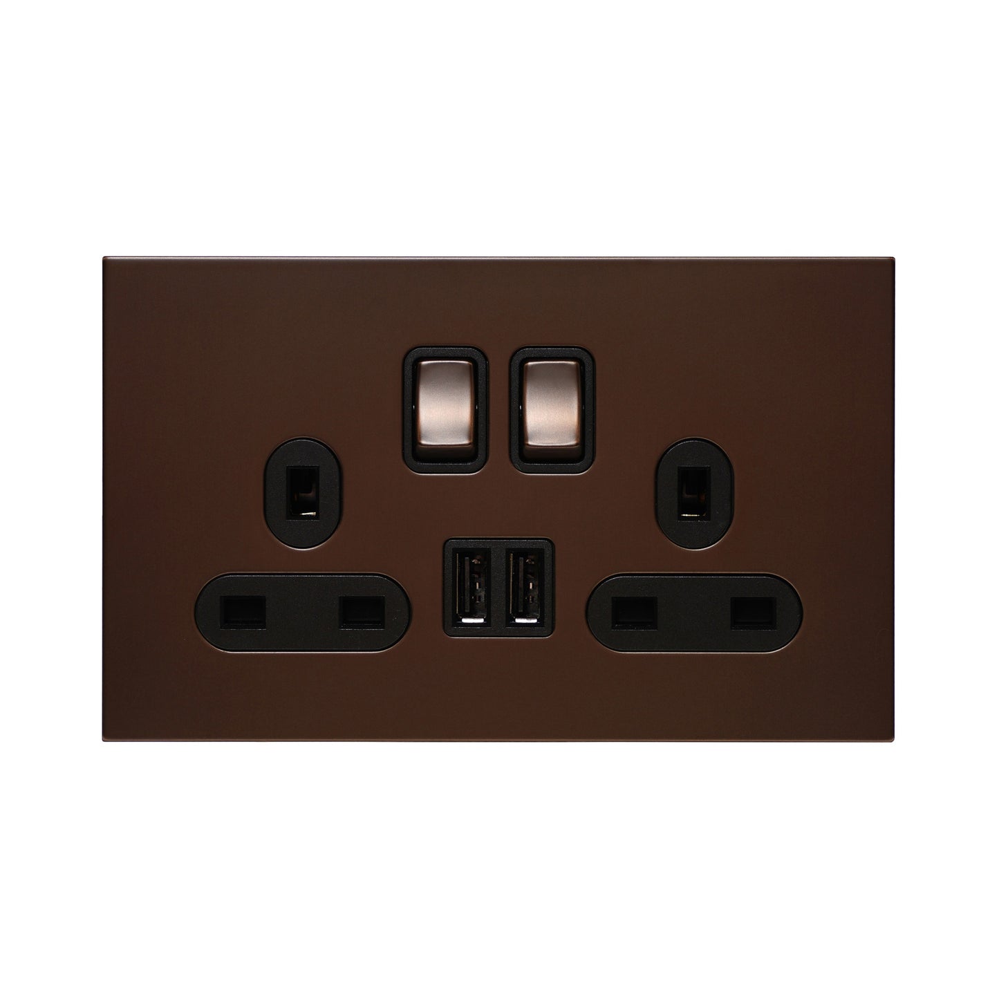 Double UK Socket 13A – On/Off + 2USB – Stainless Steel