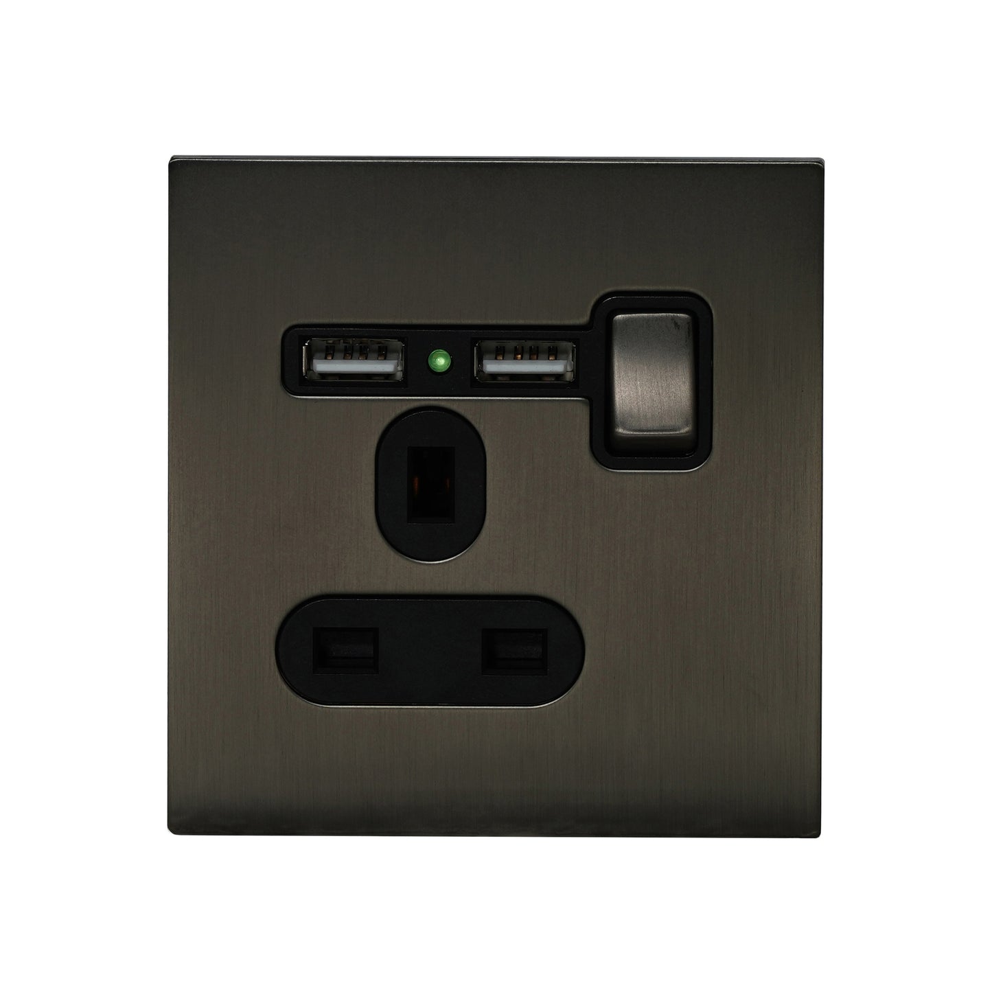 Single UK Socket 13A – On/Off + 2USB – Stainless Steel