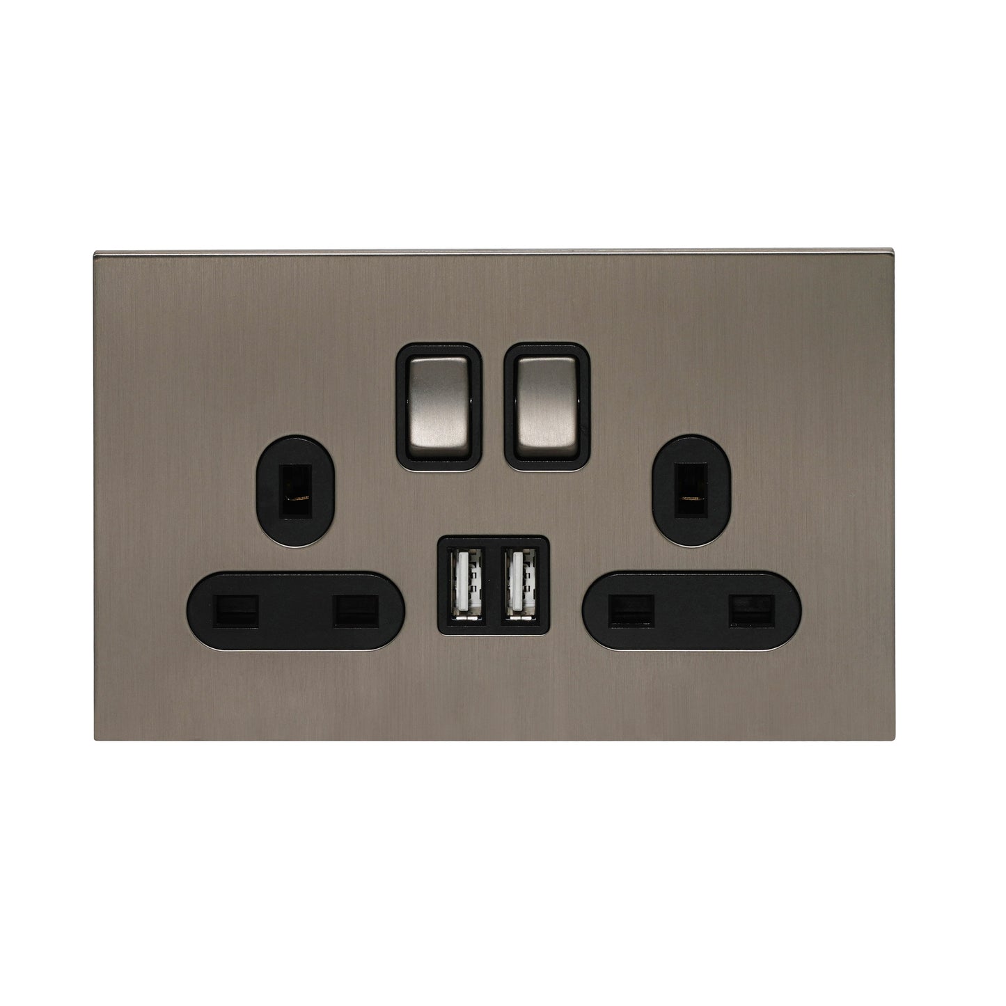 Double UK Socket 13A – On/Off + 2USB – Stainless Steel