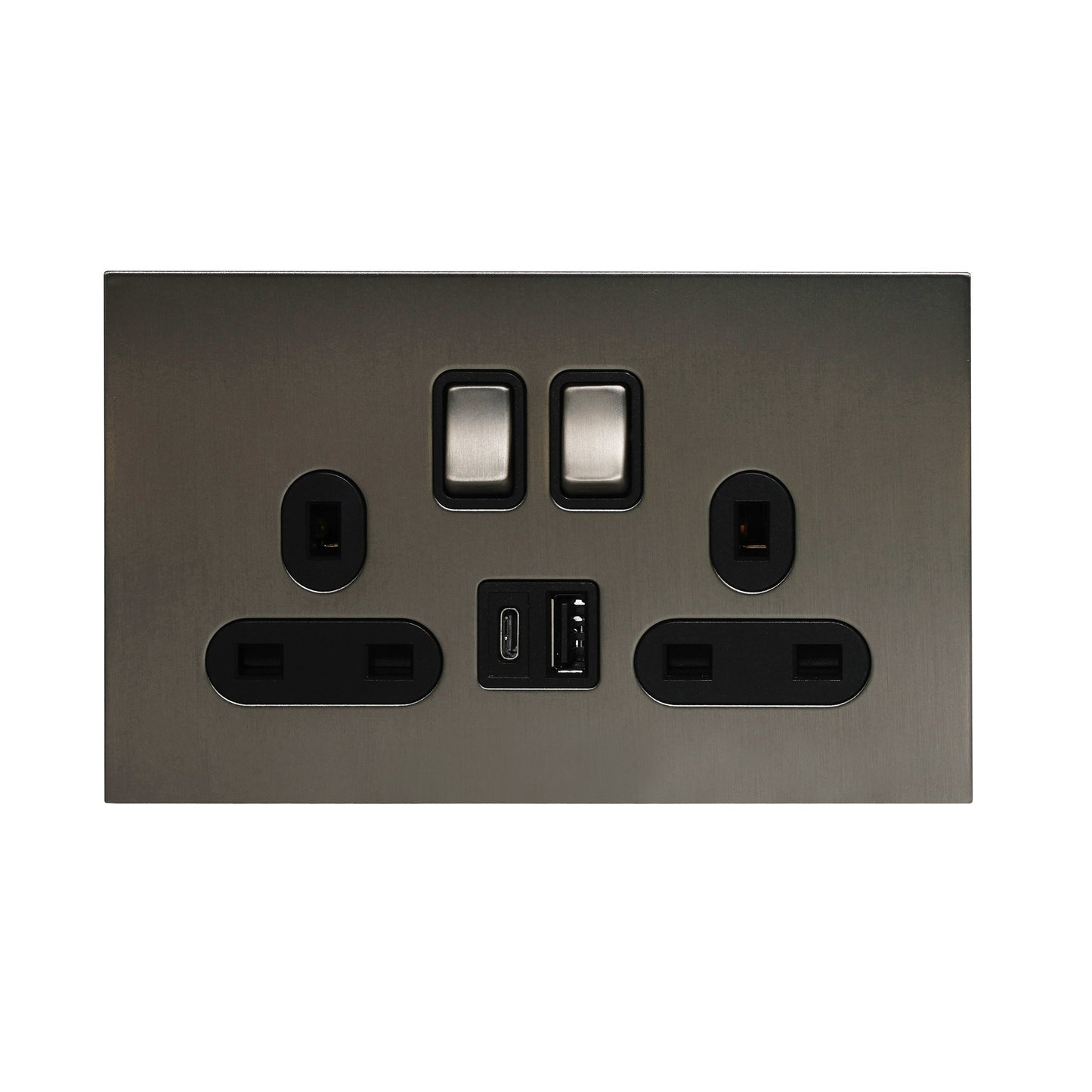 Double UK Socket 13A – On/Off + USB + Type-C – Stainless Steel