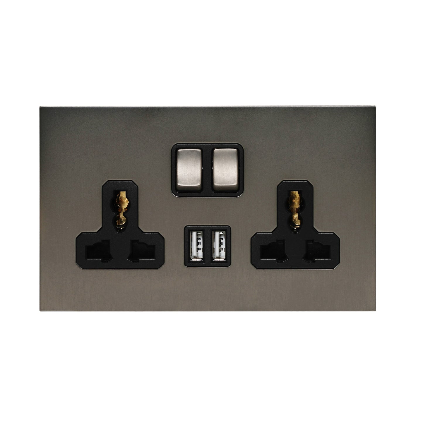 Double MF Socket 13A – On/Off + 2 USB – Stainless Steel