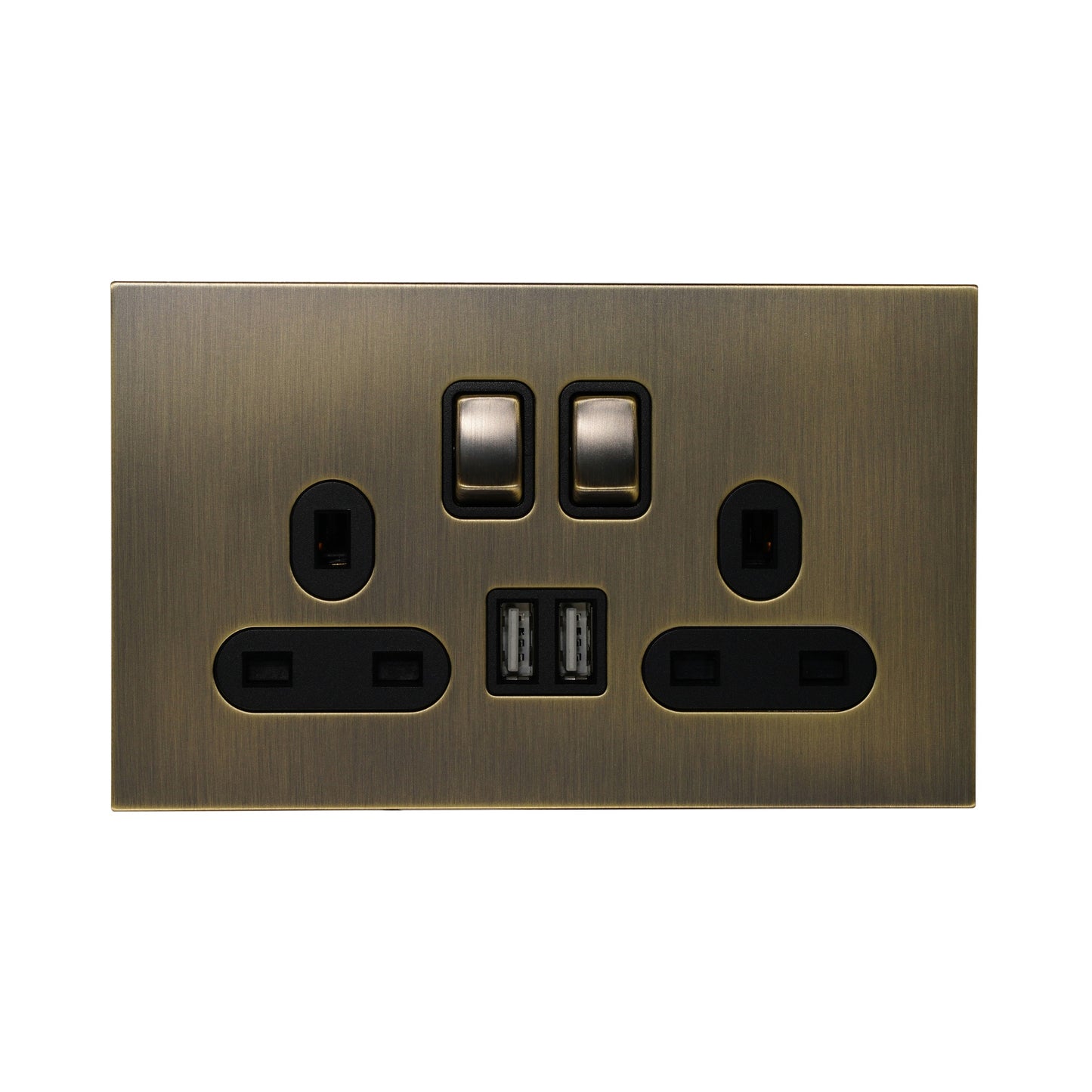Double UK Socket 13A – On/Off + 2USB – Stainless Steel