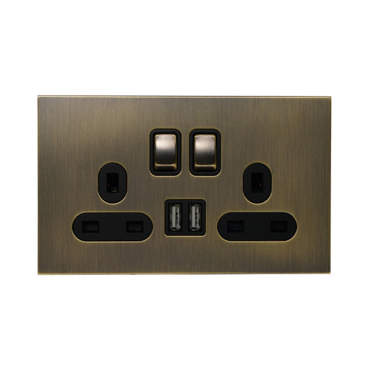 Double UK Socket 13A – On/Off + 2USB – Stainless Steel