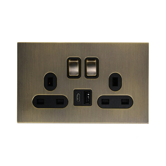 Double UK Socket 13A – On/Off + USB + Type-C – Stainless Steel
