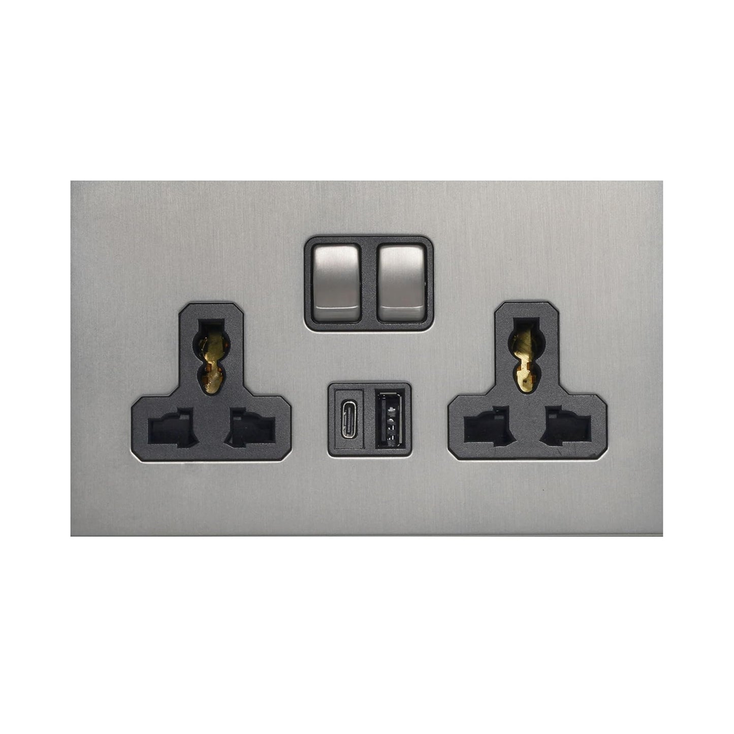 Double MF Socket 13A – On/Off + USB + Type-C – Stainless Steel