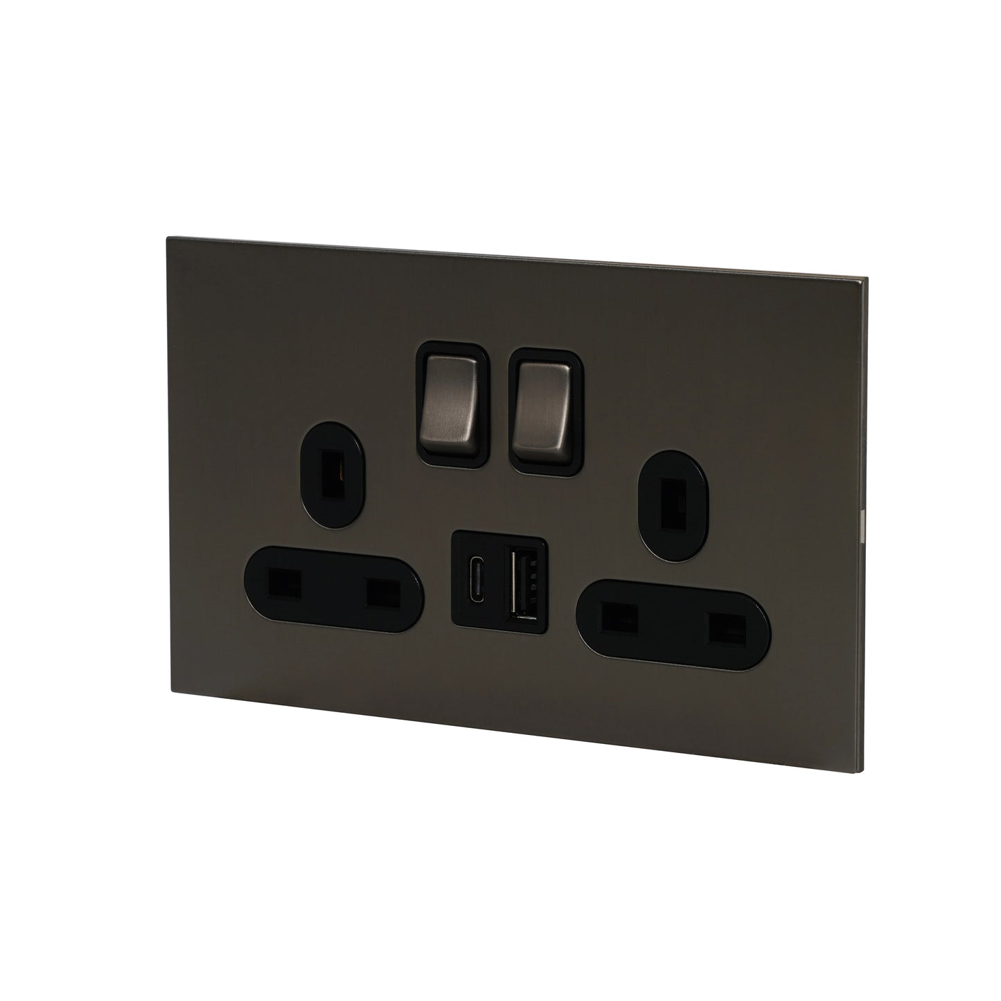 Double MF Socket 13A – On/Off + USB + Type-C – Stainless Steel