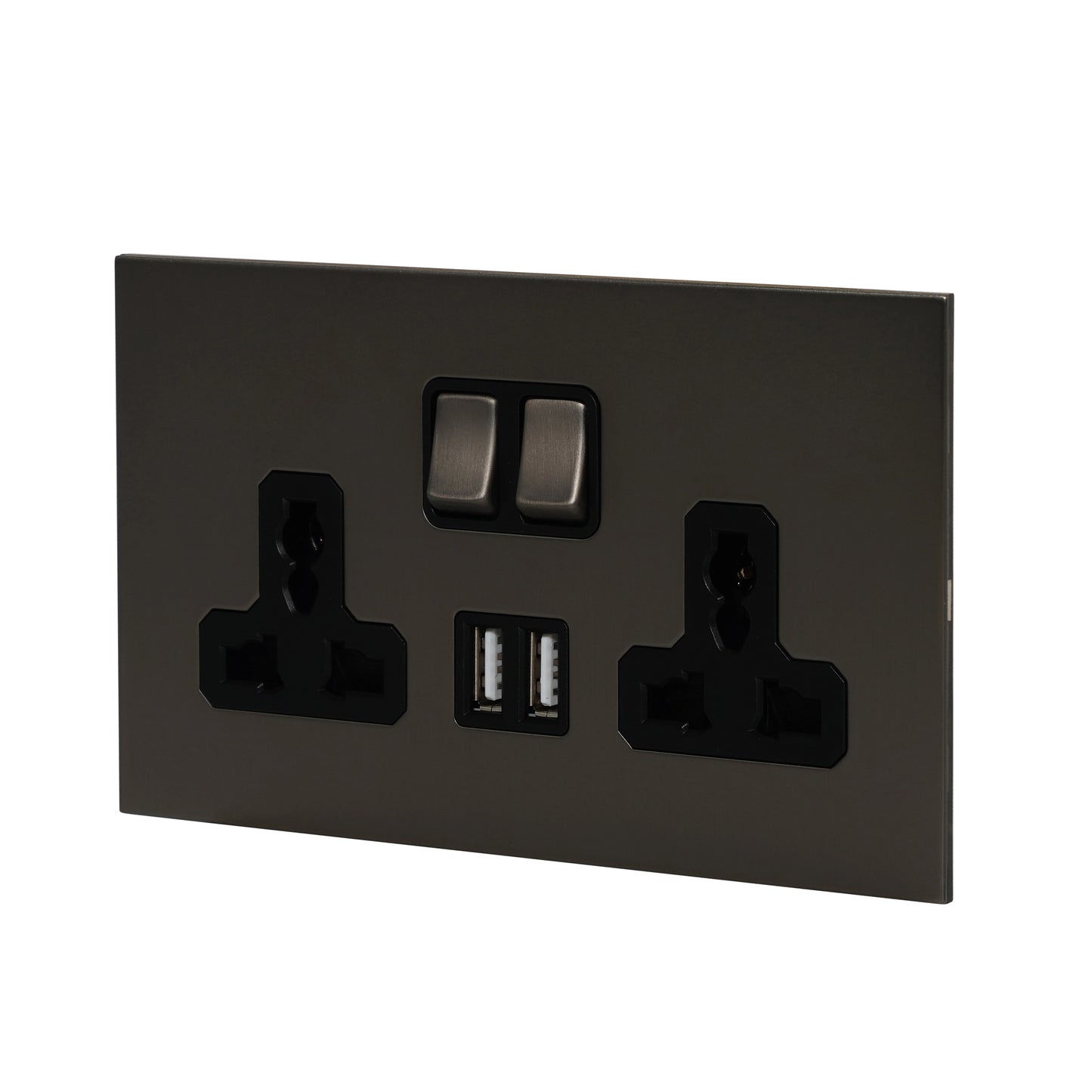 Double MF Socket 13A – On/Off + 2 USB – Stainless Steel