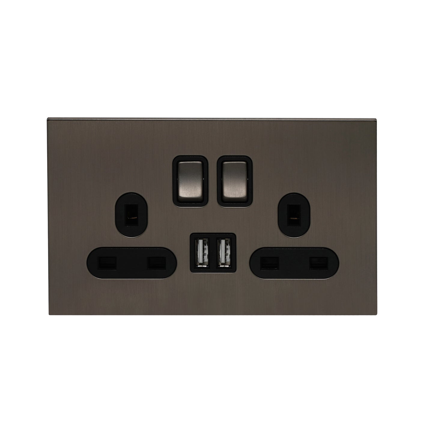 Double UK Socket 13A – On/Off + 2USB – Stainless Steel