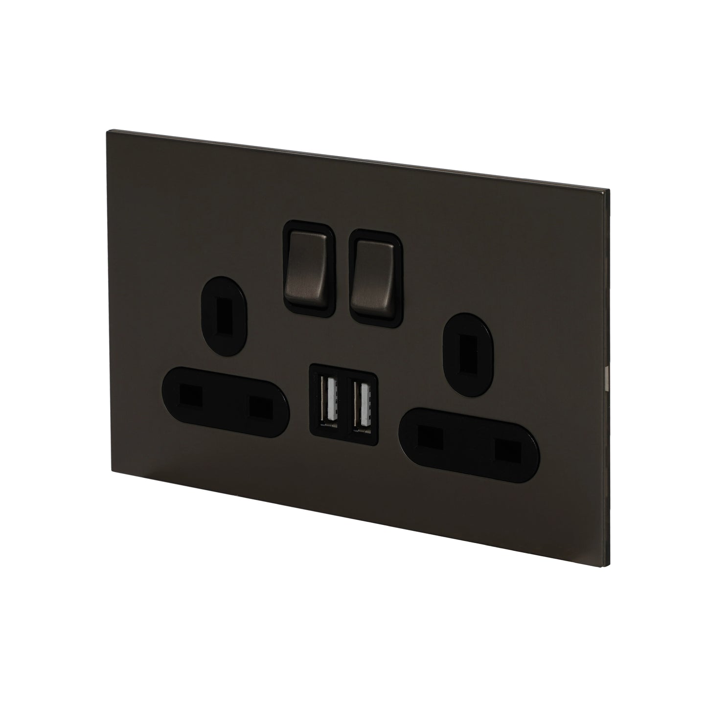 Double UK Socket 13A – On/Off + 2USB – Stainless Steel