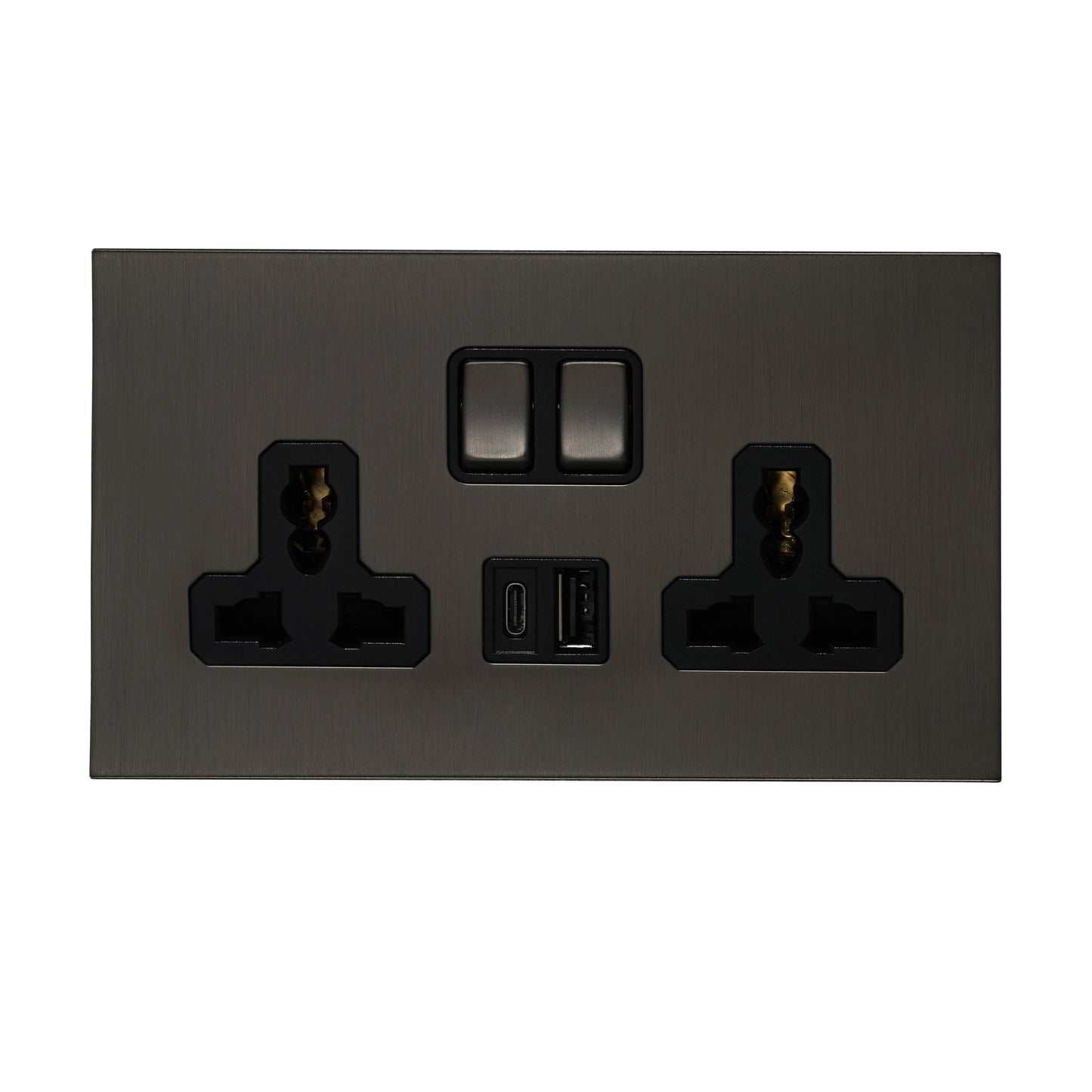 Double MF Socket 13A – On/Off + USB + Type-C – Stainless Steel
