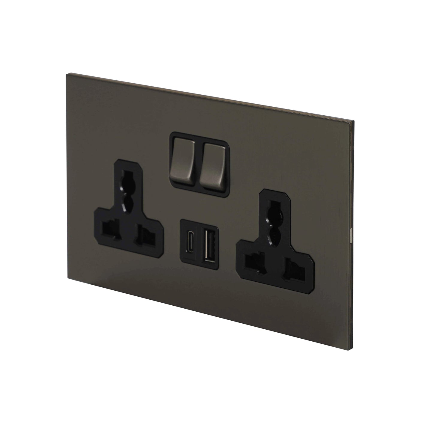 Double MF Socket 13A – On/Off + USB + Type-C – Stainless Steel