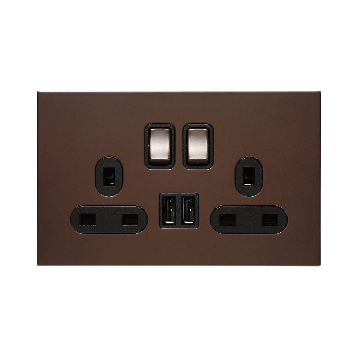 Double UK Socket 13A – On/Off + 2USB – Stainless Steel