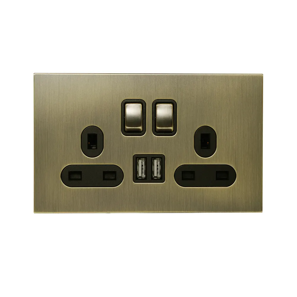 Double UK Socket 13A – On/Off + 2USB – Stainless Steel