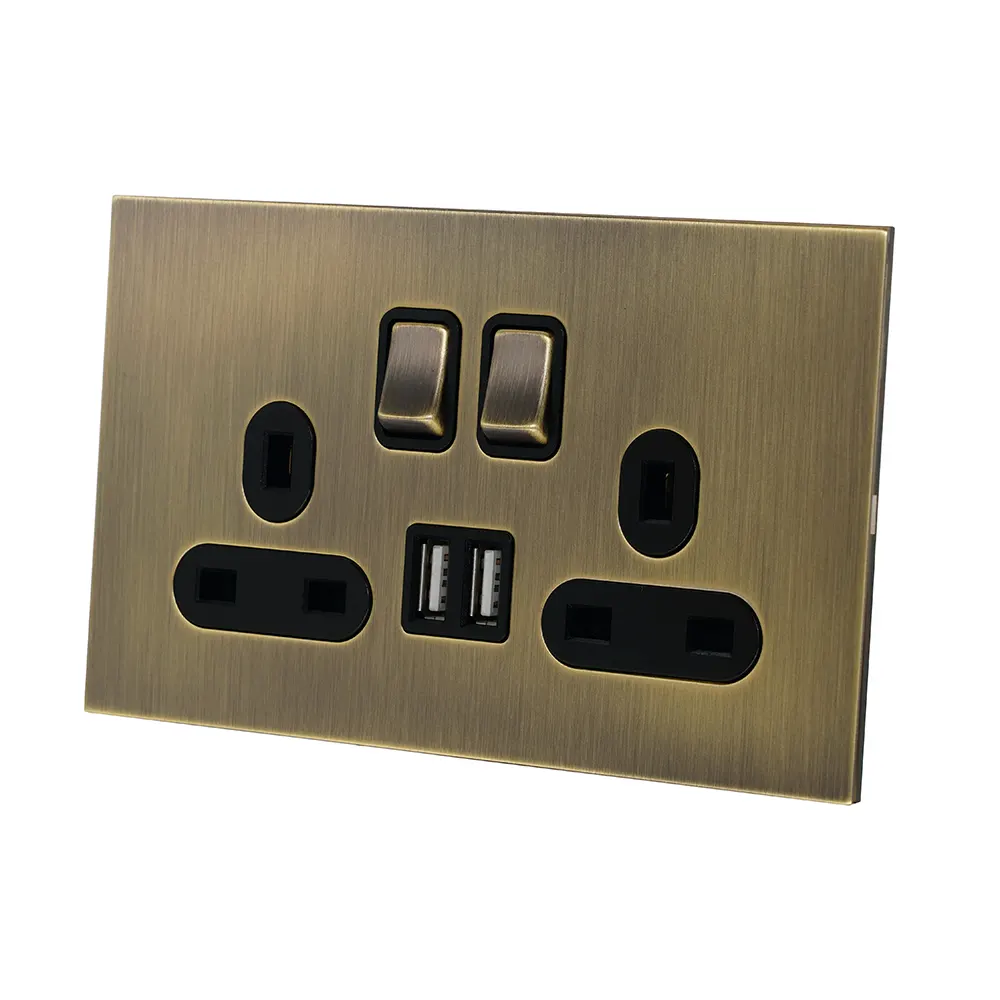 Double UK Socket 13A – On/Off + 2USB – Stainless Steel