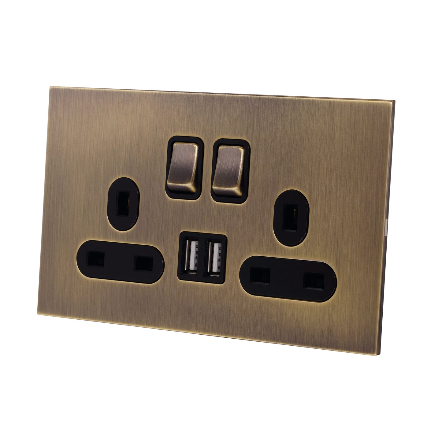 Double UK Socket 13A – On/Off + 2USB – Stainless Steel