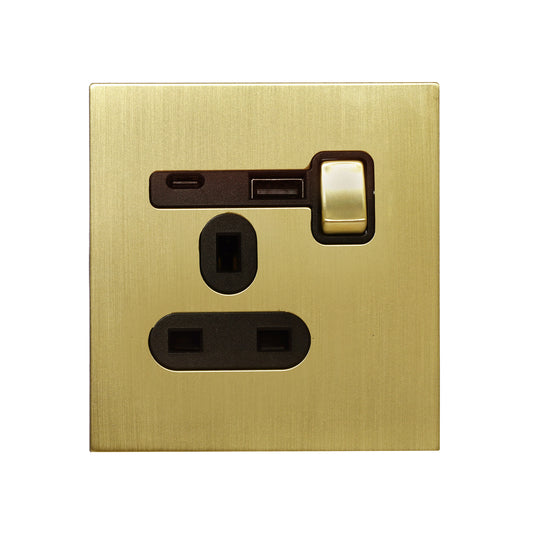 Single UK Socket 13A – On/Off + USB + Type-C – Stainless Steel