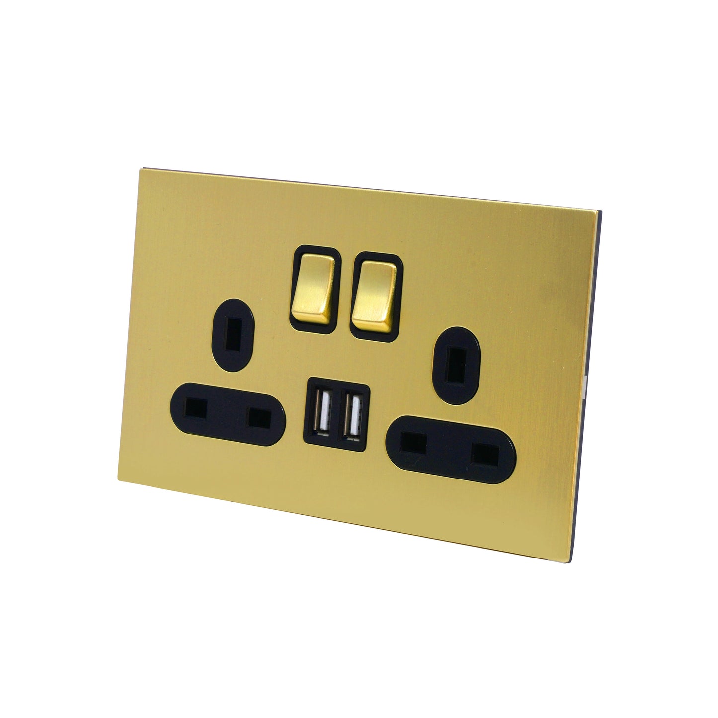 Double UK Socket 13A – On/Off + 2USB – Stainless Steel