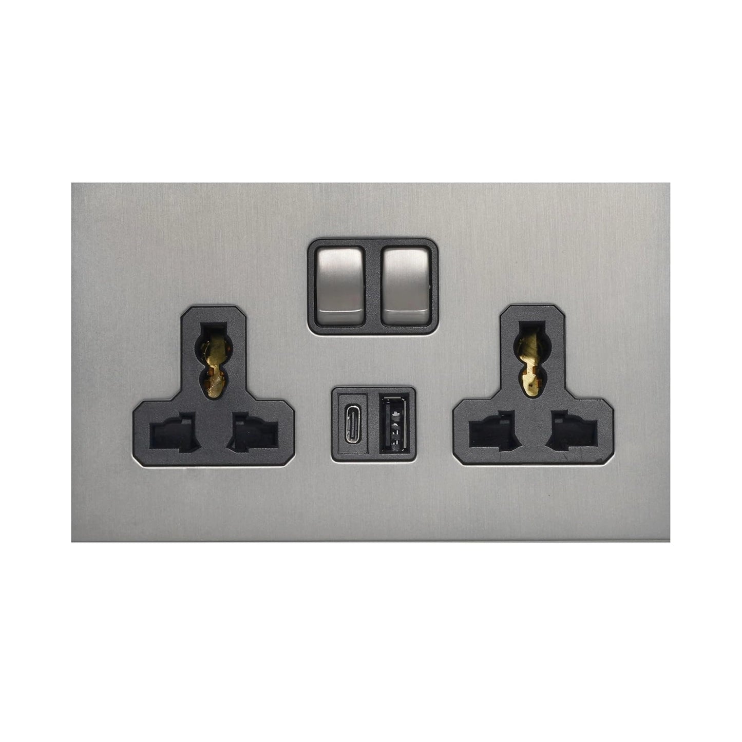 Double MF Socket 13A – On/Off + USB + Type-C – Stainless Steel