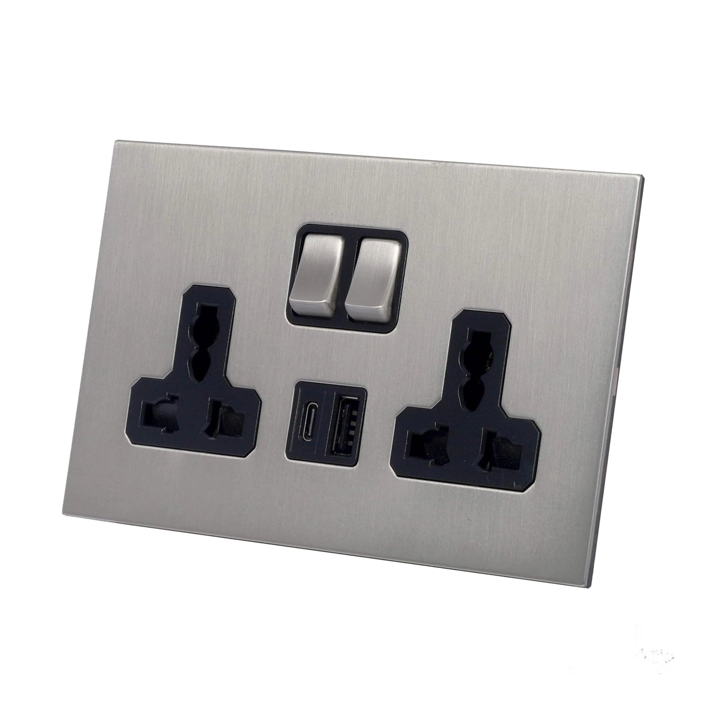 Double MF Socket 13A – On/Off + USB + Type-C – Stainless Steel