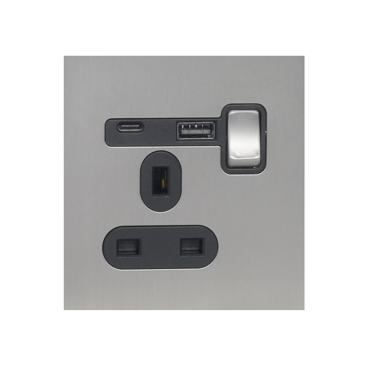 Single UK Socket 13A – On/Off + USB + Type-C – Stainless Steel
