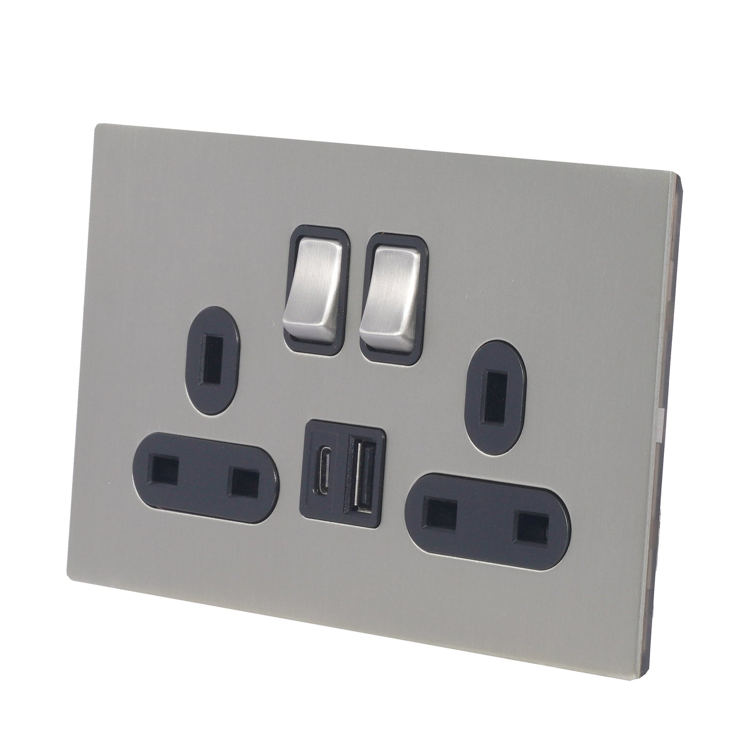Double MF Socket 13A – On/Off + USB + Type-C – Stainless Steel