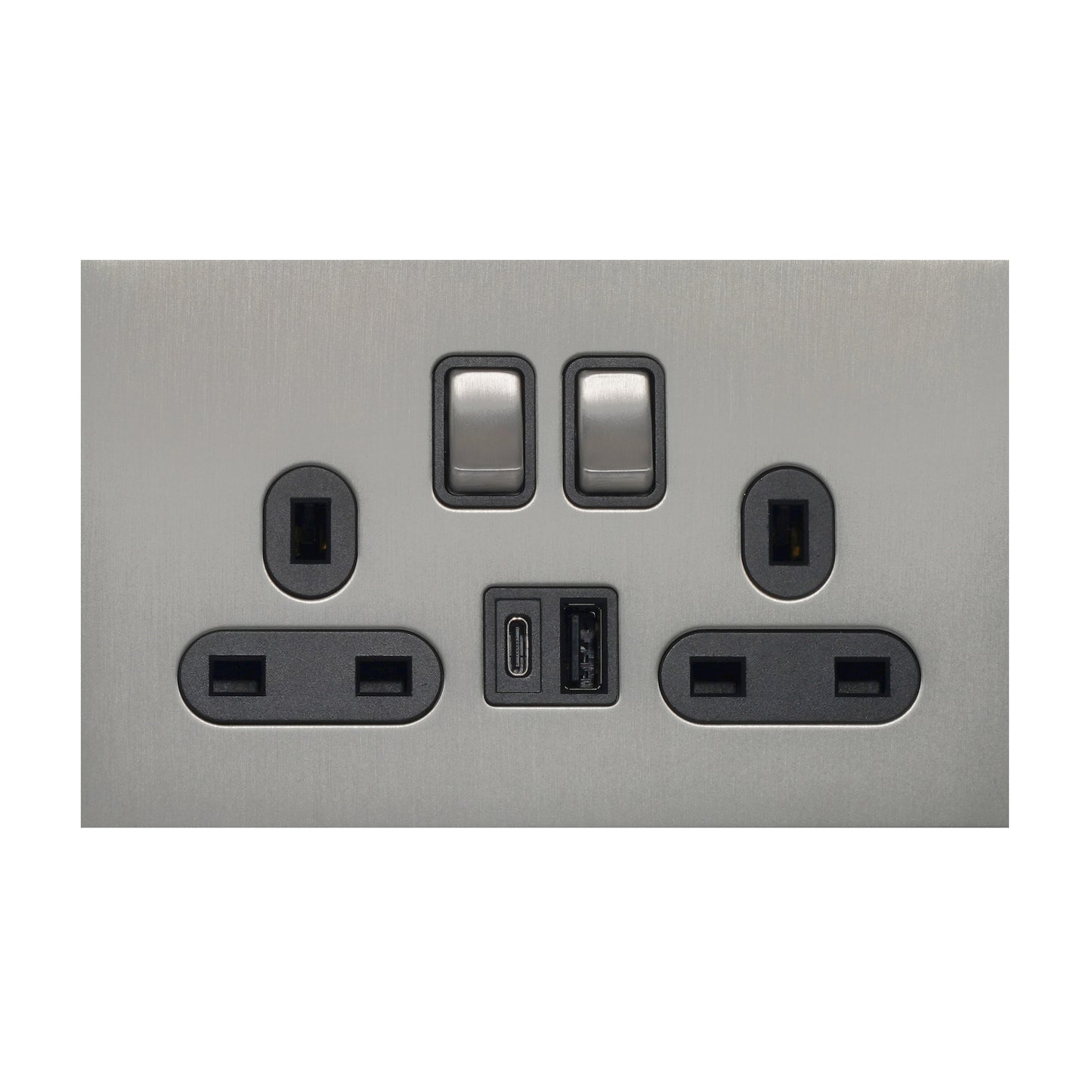 Double MF Socket 13A – On/Off + USB + Type-C – Stainless Steel