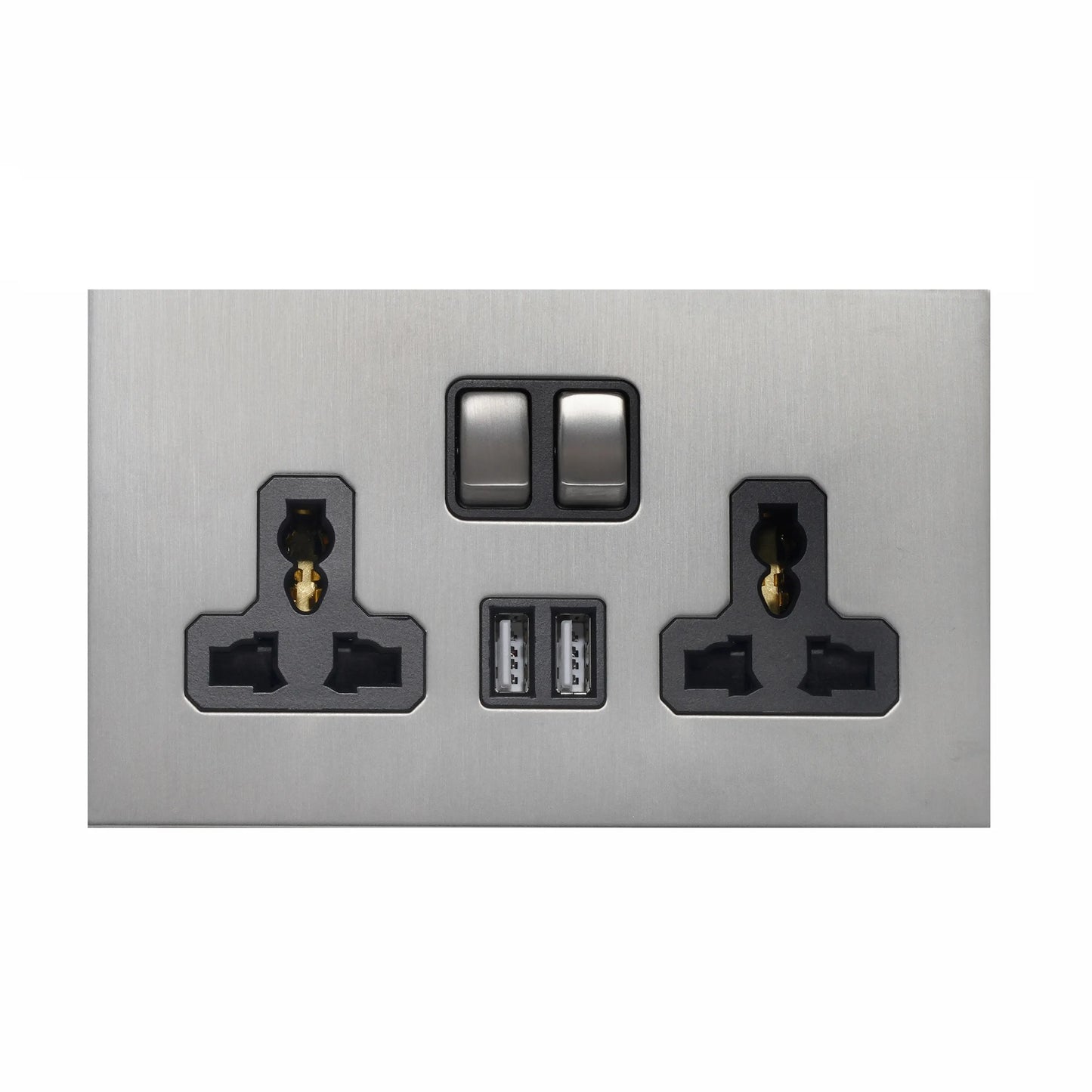 Double MF Socket 13A – On/Off + 2 USB – Stainless Steel
