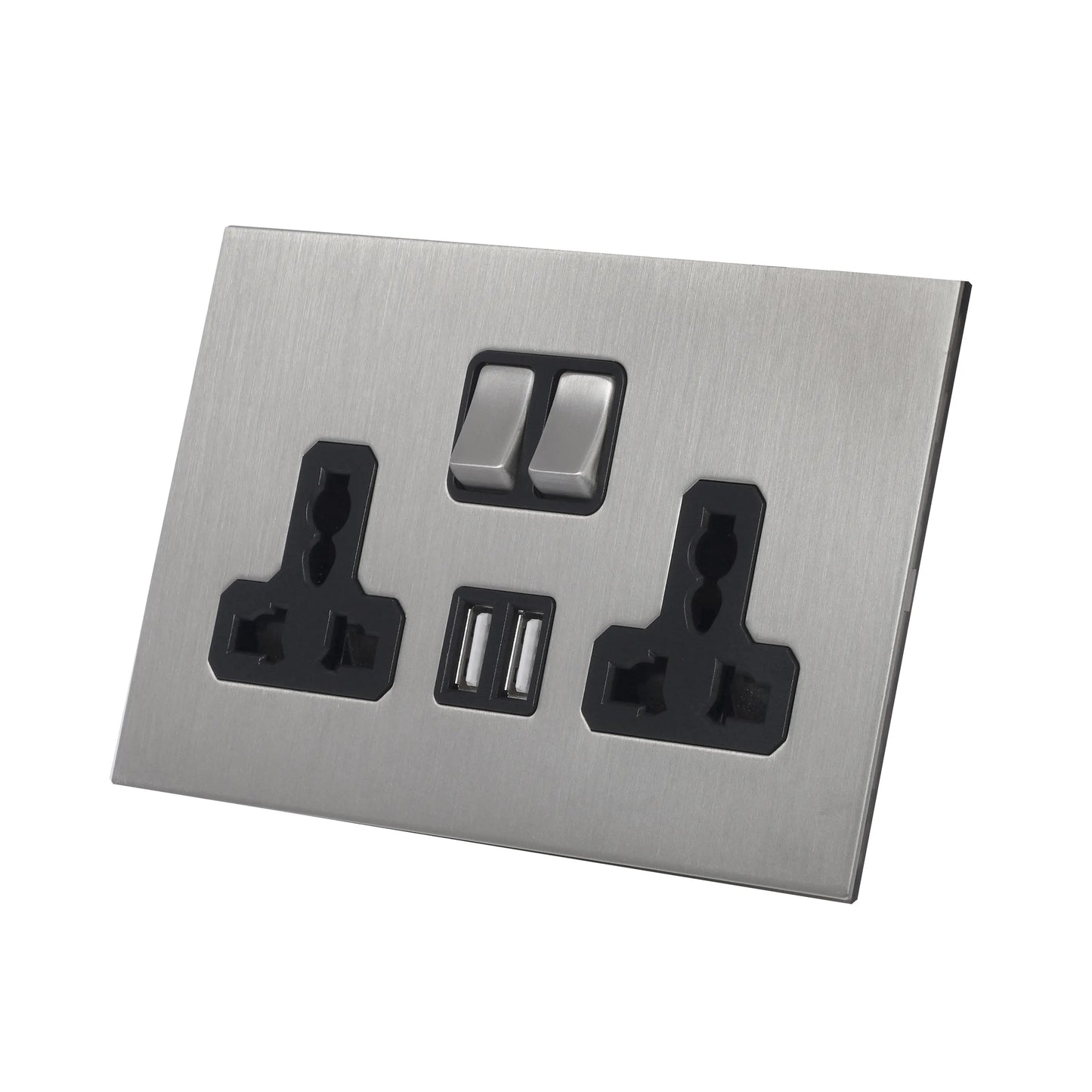 Double MF Socket 13A – On/Off + 2 USB – Stainless Steel