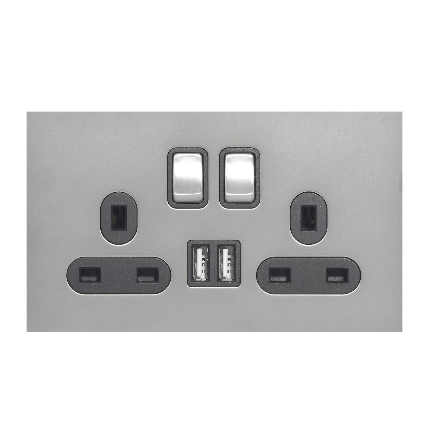 Double UK Socket 13A – On/Off + 2USB – Stainless Steel