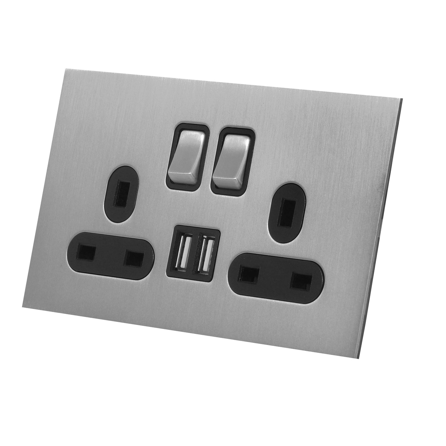 Double UK Socket 13A – On/Off + 2USB – Stainless Steel