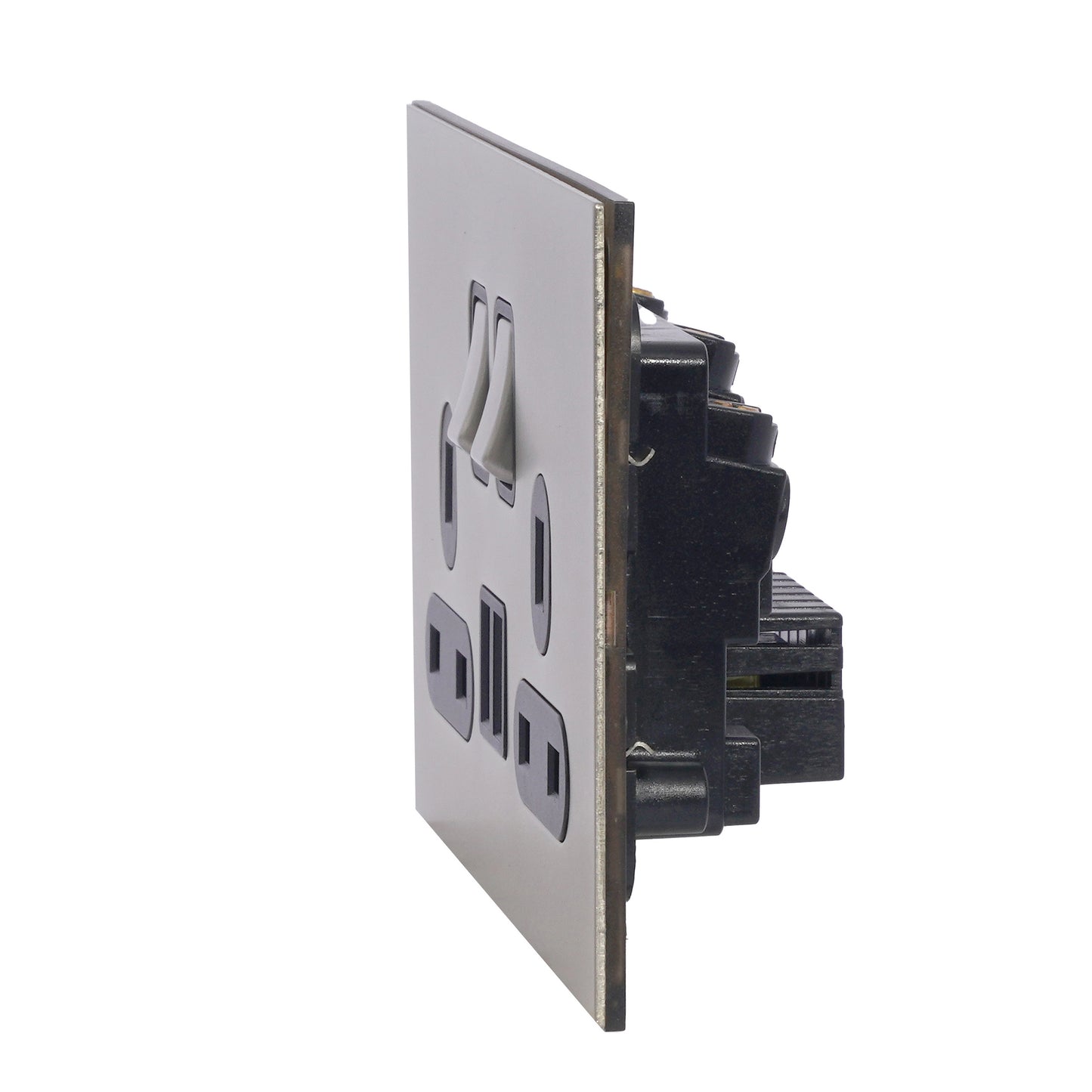 Double UK Socket 13A – On/Off + 2USB – Stainless Steel