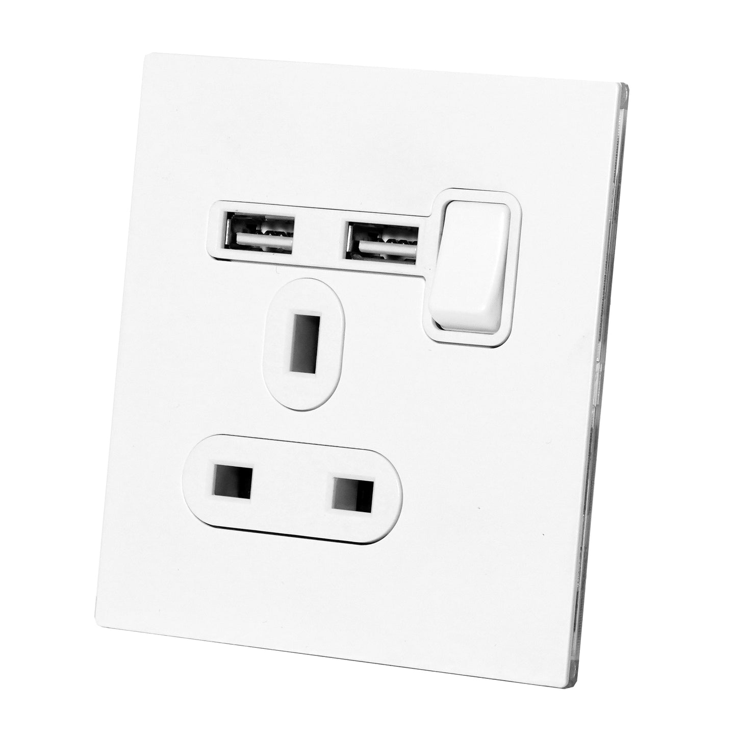 Double UK Socket 13A – On/Off + 2USB – Stainless Steel