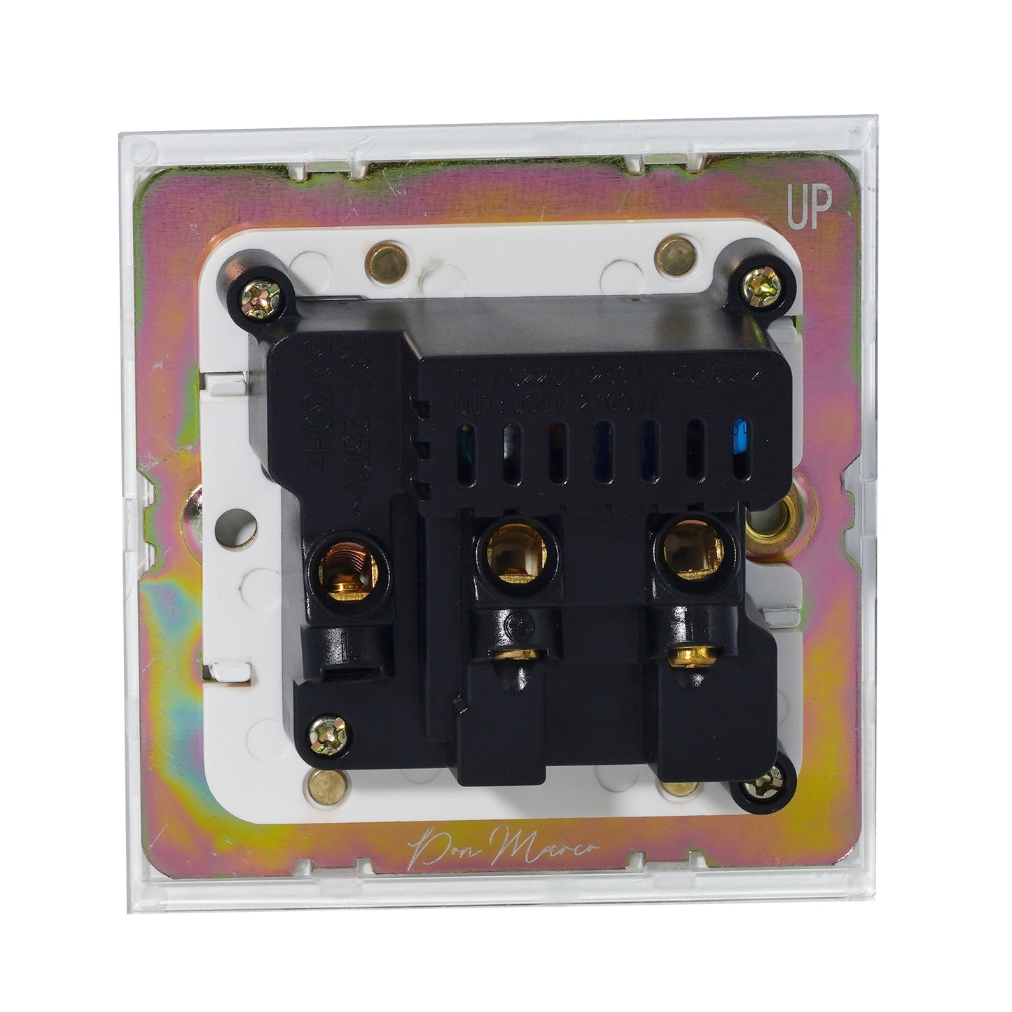Double UK Socket 13A – On/Off + 2USB – Stainless Steel