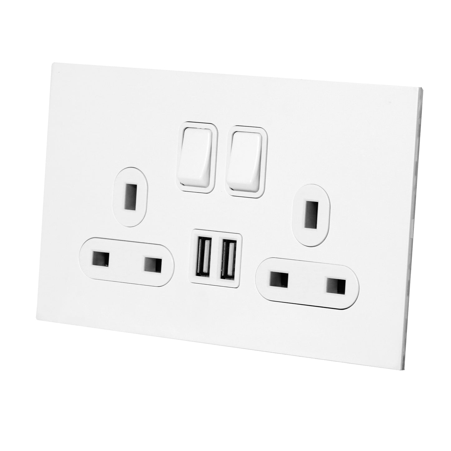 Double UK Socket 13A – On/Off + 2USB – Stainless Steel