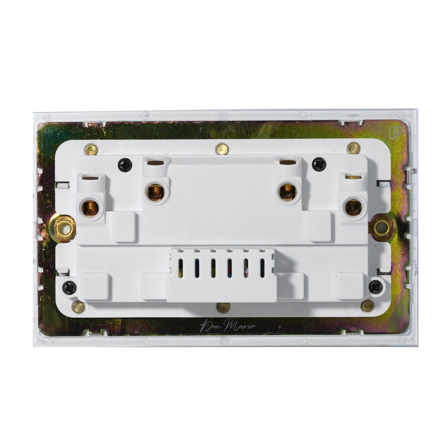Double UK Socket 13A – On/Off + 2USB – Stainless Steel