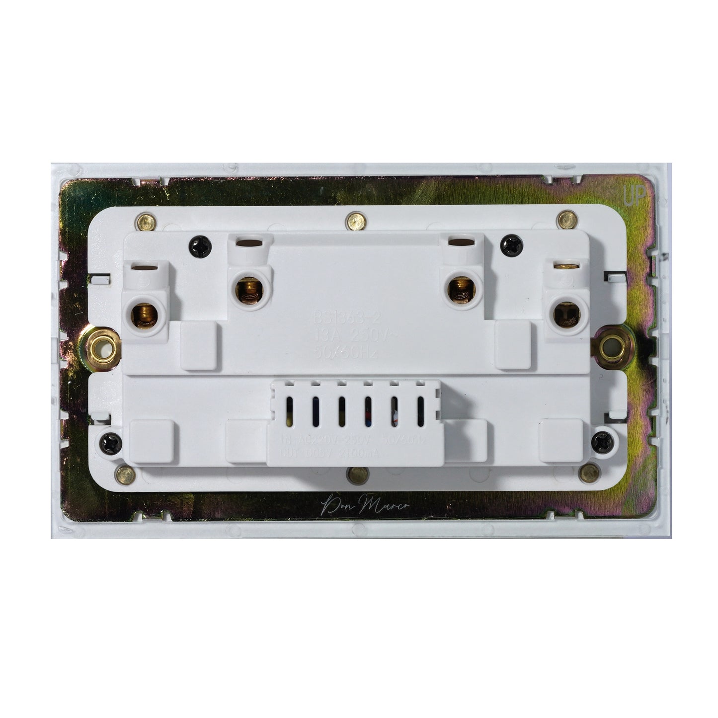 Double UK Socket 13A – On/Off + 2USB – Stainless Steel