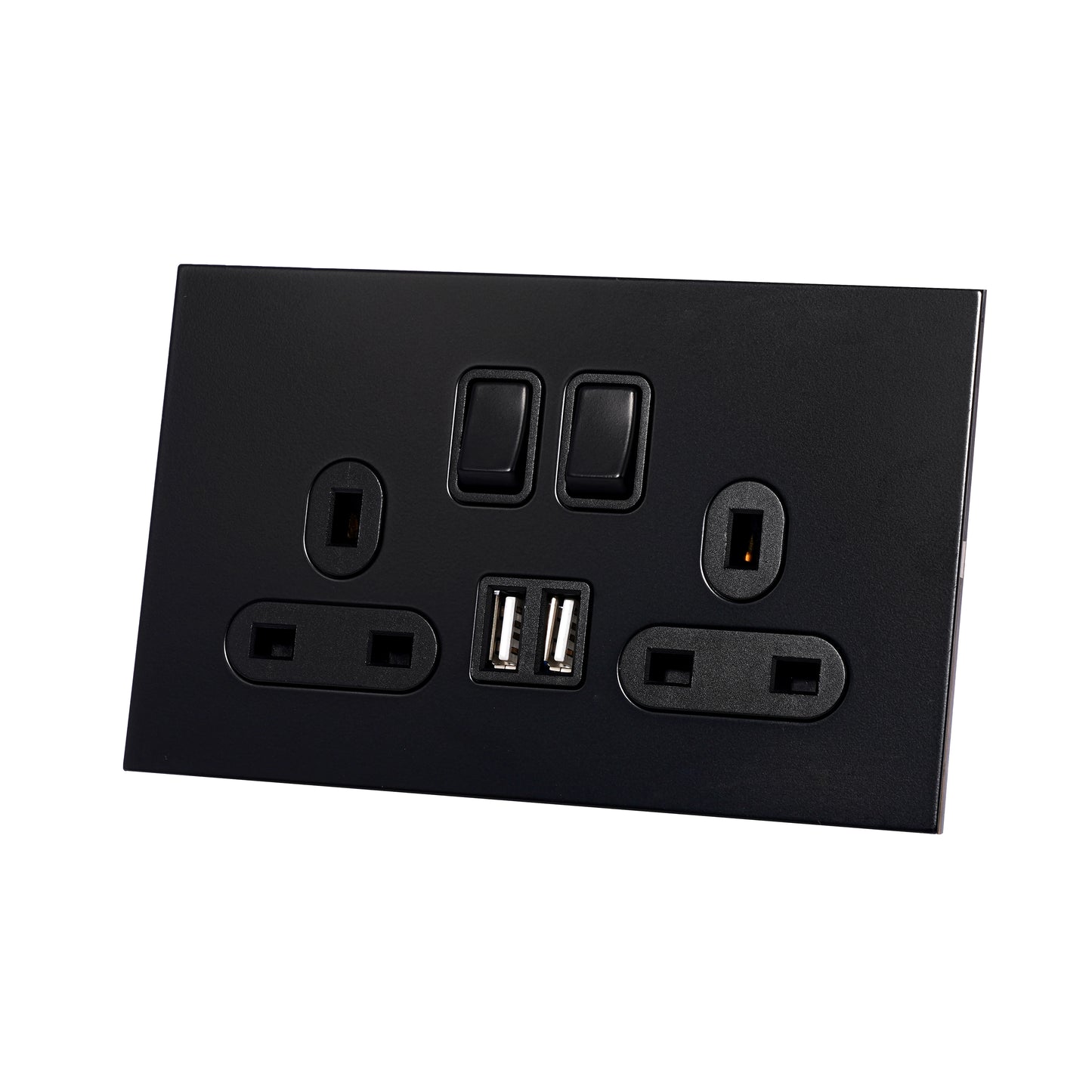 Double UK Socket 13A – On/Off + 2USB – Stainless Steel