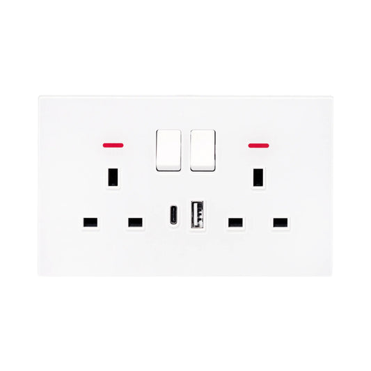 Double UK Socket 13A – USB + Type-C (5V 2.1A) – Ultra Thin Acrylic Glass