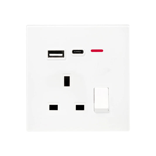 Single UK Socket 13A USB + Type-C (5V 2.1A) – Ultra Thin Acrylic Glass