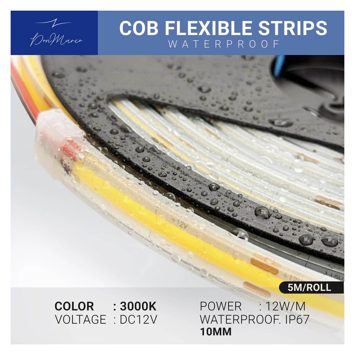 Waterproof COB LED Strip Light – 12W/m – 5M Roll – 10mm Width – IP67