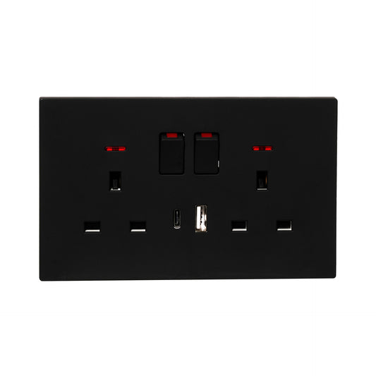 Double UK Socket 13A – USB + Type-C (5V 2.1A) – Ultra Thin Plastic