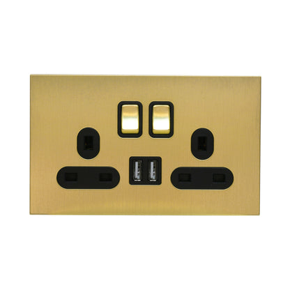Double UK Socket 13A – On/Off + 2USB – Stainless Steel