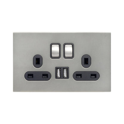 Double UK Socket 13A – On/Off + 2USB – Stainless Steel
